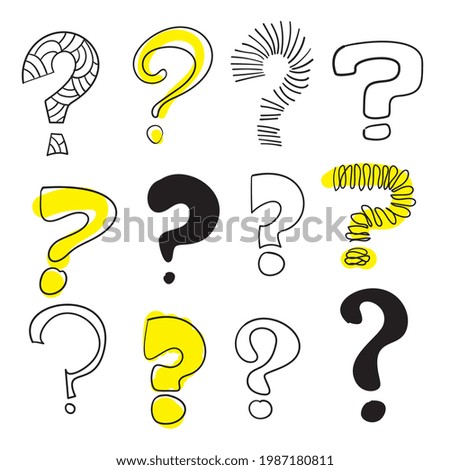 Set of different sketched question marks. Quiz symbols collection, minimalist interrogation signs, simple rebus icons, questions vector illustration. Hand drawn imitation