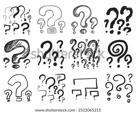 Set of different sketched question marks. Quiz symbols collection, minimalist interrogation signs, simple rebus icons, questions vector illustration. Hand drawn imitation