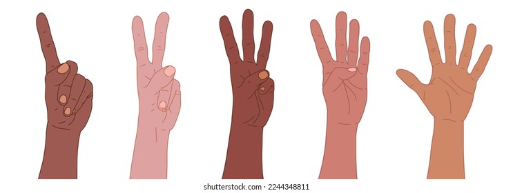Set of different skin color hands. Counting from one to five with your hands. Finger-counting. Body language. Communication gestures concept. Number 1, 2, 3, 4, 5 with hand sign