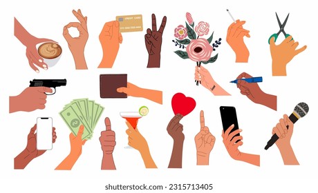 Set mit verschiedenen Hautfarben Hands, die Sachen halten. Hände mit Tasse Kaffee, Cocktail, Pistole, Schere, Geld, Blumen, Mikrofon, Geldbeutel. Cartoon-Vektorgrafiken einzeln auf weißem Hintergrund.