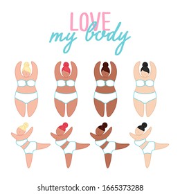 Set von verschiedenen Hautfarben, multiethnische Frauen, Liebe zu Körpersammlungen, bearbeitbare Vektorillustration Illustration für Dekoration, Banner, Plakat, Aufkleber, Druck