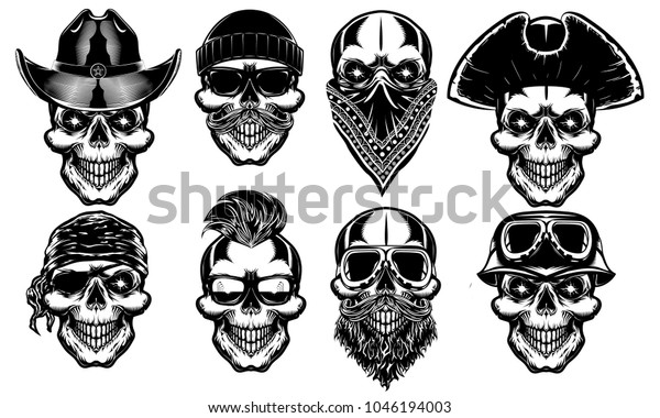 Set Different Skull Characters Different Hats Stock Vector (Royalty ...