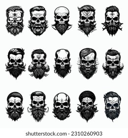 Set of different skull characters with mustache and beard. Isolated on white background