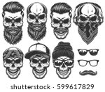 Set of different skull charactres with different modern street style city attributes. Monochrome style. Isolated on white background