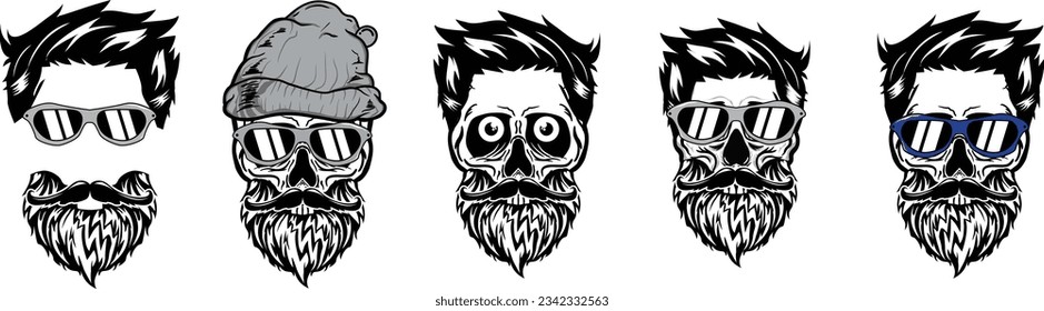 Set of different skull charactres  with mustache beard eyeglass and beanie