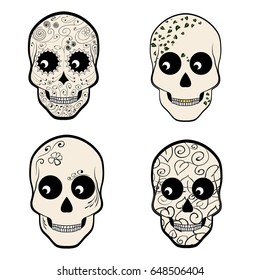 set of different skull. Common contour figure. four different ornaments Leaves, curl, flowers. There are elements with gradient.