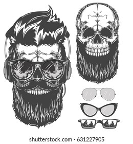 Set of different skull and sunglasses. Monochrome style. Vector illustration isolated on white background