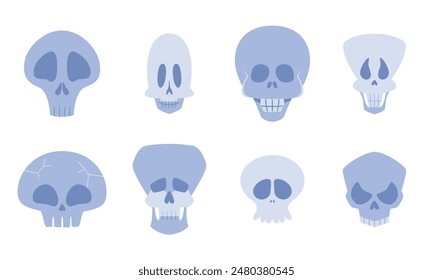 Set of different skulls in flat style. Halloween design elements.