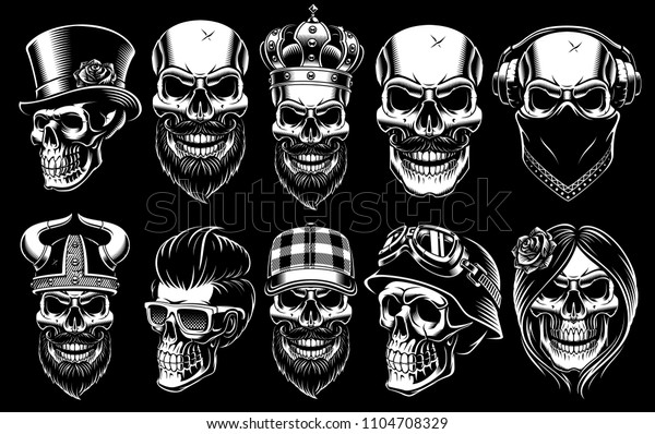 Set of different skulls. Shirt designs,\
badges, stickers with viking, king, gentleman, barber, biker and\
other. Isolated black and white\
illustrations.