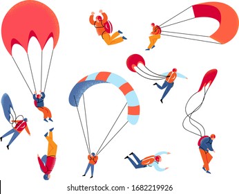Set of different skydivers characters flying with parachutes. Vector illustration in flat cartoon style.