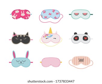 Set of different sleep eye masks with funny animal fantasy faces, flat vector illustration isolated on white background. Night relaxation accessories design.