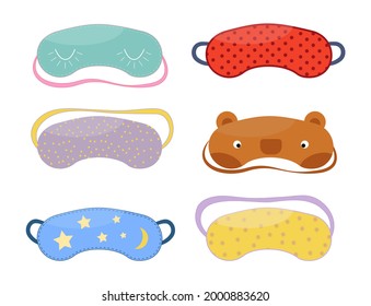 Set of different sleep masks in flat style. 
Sleeping eye protection wear accessory, for relax in traveling. 
Isolated on white background. Vector illustration. 