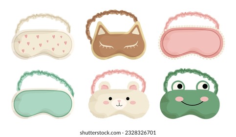 Set of different sleep masks. Frog, rabbit and cat. Rest and relax in home, correct daily routine. Relaxation blindfold. Cartoon flat vector collection isolated on white background