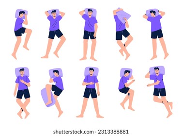 Set of different sleeping poses. Men lie in various poses during dream or relax. Nap or night sleeping positions. Top view. Vector illustrations in flat style. 