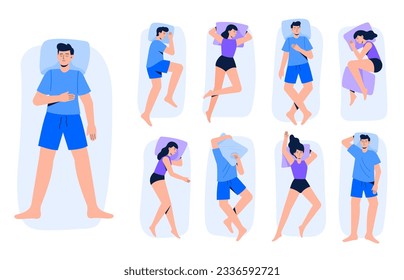 Set of different sleeping poses. Women and men lie in various poses. Nap or night sleeping positions. Top view. Vector illustrations in flat style.