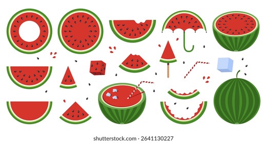 Conjunto de diferentes fatias de melancia madura, suculenta vermelha. Metades e peças de melancia triangular, Rinds comidos, suco congelado em uma vara. Meia e melancia inteira verde.