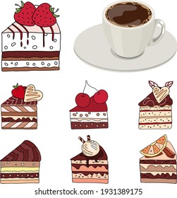 Set with different slices of cake and cup of coffee espresso. Objects isolated on white background. Illustration can be used for restaurants and cafe menu.