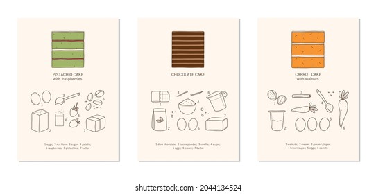 Set with different slices of cakes and ingredients for their preparation.  Different taste cakes set. Pistachio cake, chocolate cake,  carrot cake illustrations.