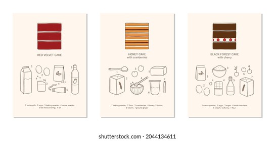 Set with different slices of cakes and ingredients for their preparation.  Different taste cakes set. Red velvet cake, honey cake, black forest cake  illustrations.