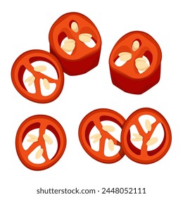 Set of different slices of Mexican red chili peppers with grains