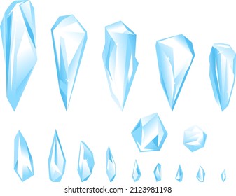 Set of different small blue ice shards isolated illustration, small sharp fragments of broken ice, group of broken ice in different sizes for composition in side view