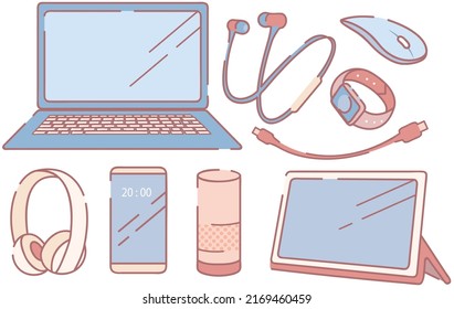 Set of different smart computer gadgets. Information input and output technology devices. Gadgets for playing audio and media files. Charging cable for smartphone, headphones and computer mouse