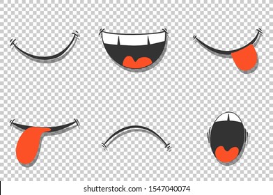 Set of different smiles. Funny and sad, cute emotions in cartoon style. Vector image. Isolated on transparent background.