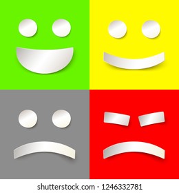 Set of different smiles in paper style with shadow. Vector Illustration of joyful and evil smiles