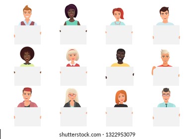 Set of different smiling people holding white blank posters isolated on white backround. Colourful vector illustration.