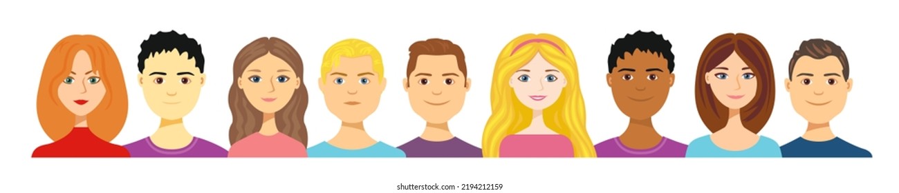 Set of different smiling people standing together in line on isolated background. Portraits of big diverse business team vector flat illustration. Crowd of joyful  people avatars.