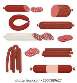 A set of different smoked sausages. Meat product. food. Vector illustration.