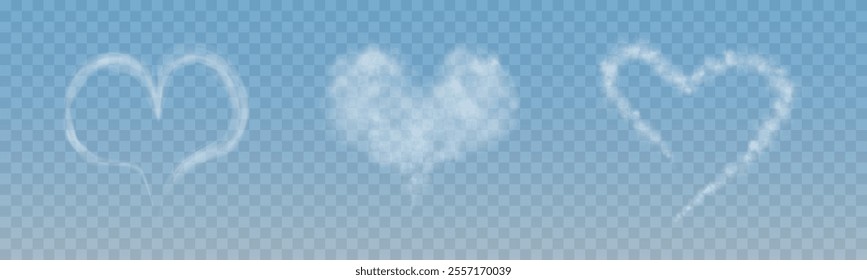 A set of different smoky fluffy heart shaped clouds on a transparent blue sky background. Romantic smoke trail, white translucent heart shaped clouds. Vector illustration for your graphic design.
