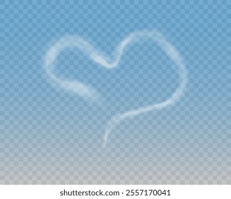 A set of different smoky fluffy heart shaped clouds on a transparent blue sky background. Romantic smoke trail, white translucent heart shaped clouds. Vector illustration for your graphic design.
