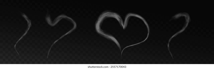 Set of different smoky fluffy heart shaped clouds on transparent background. Romantic smoky white translucent clouds in heart shape. Vector illustration for your graphic design.