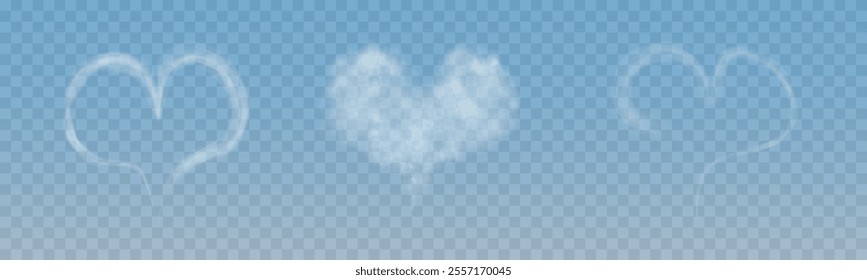 A set of different smoky fluffy heart shaped clouds on a transparent blue sky background. Romantic smoke trail, white translucent heart shaped clouds. Vector illustration for your graphic design.
