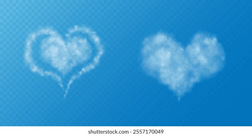 A set of different smoky fluffy heart shaped clouds on a transparent blue sky background. Romantic smoke trail, white translucent heart shaped clouds. Vector illustration for your graphic design.
