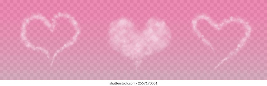 A set of different smoky fluffy heart shaped clouds on a transparent background of pink shade . Romantic smoky, white translucent heart shaped clouds. Vector illustration for your graphic design.