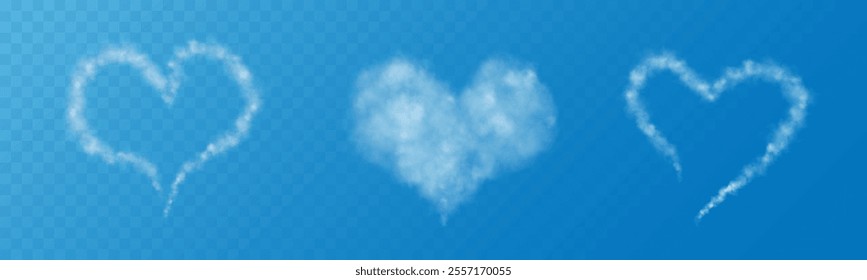 A set of different smoky fluffy heart shaped clouds on a transparent blue sky background. Romantic smoke trail, white translucent heart shaped clouds. Vector illustration for your graphic design.
