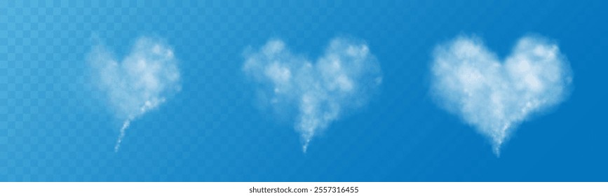 A set of different smoky fluffy heart shaped clouds on a transparent blue sky background. Romantic smoke trail, white translucent heart shaped clouds. Vector illustration for your graphic design.	