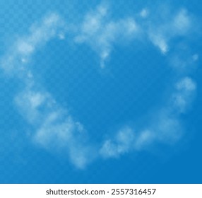 A set of different smoky fluffy heart shaped clouds on a transparent blue sky background. Romantic smoke trail, white translucent heart shaped clouds. Vector illustration for your graphic design.	