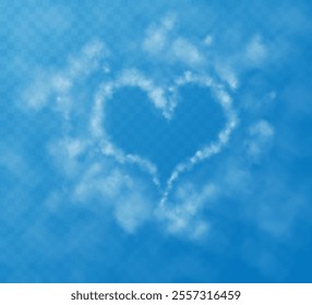 A set of different smoky fluffy heart shaped clouds on a transparent blue sky background. Romantic smoke trail, white translucent heart shaped clouds. Vector illustration for your graphic design.	