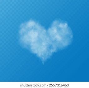 A set of different smoky fluffy heart shaped clouds on a transparent blue sky background. Romantic smoke trail, white translucent heart shaped clouds. Vector illustration for your graphic design.	