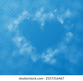 A set of different smoky fluffy heart shaped clouds on a transparent blue sky background. Romantic smoke trail, white translucent heart shaped clouds. Vector illustration for your graphic design.	