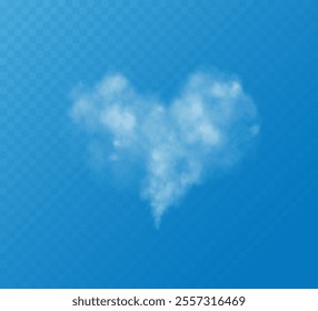 A set of different smoky fluffy heart shaped clouds on a transparent blue sky background. Romantic smoke trail, white translucent heart shaped clouds. Vector illustration for your graphic design.	