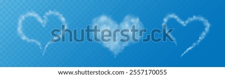 A set of different smoky fluffy heart shaped clouds on a transparent blue sky background. Romantic smoke trail, white translucent heart shaped clouds. Vector illustration for your graphic design.
