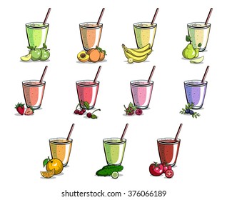 Set of different smoothies with cherry, banana, strawberry, cucumber, raspberry and others on white background. Vector illustration.