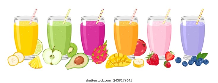 Set of different smoothies, fresh berry and fruits. Vector cartoon illustration of healthy cocktails.