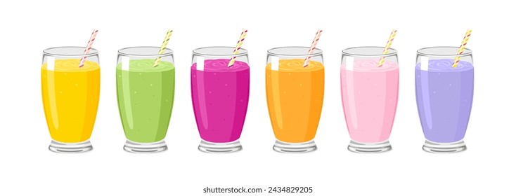 Set of different smoothies in glass isolated on white background. Vector cartoon illustration of healthy drinks.