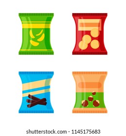 Set Of Different Snacks - Salty Chips, Cracker, Chocolate Sticks, Nuts Isolated On White Background. Product For Vending Machine. Flat Illustration In Vector