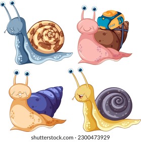 Set of different snails cartoon characters illustration